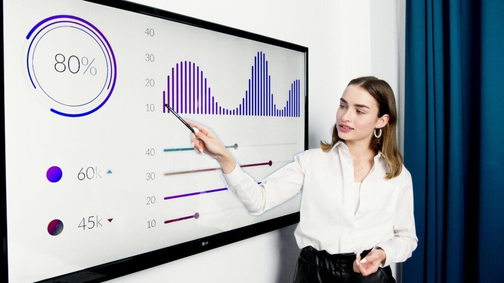 pexels-photo-5716042-5716042 Businesswoman presenting data on a large digital screen in a modern office setting.